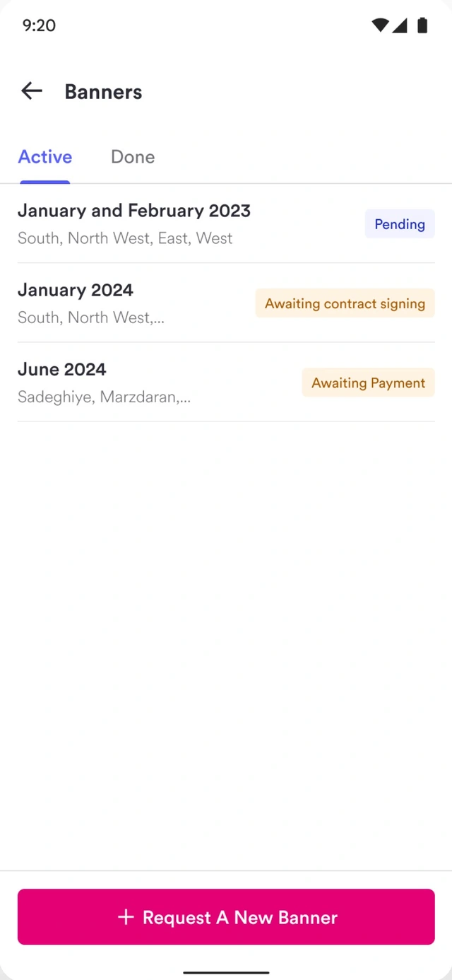 Banner requests with pending, contract and payment statuses