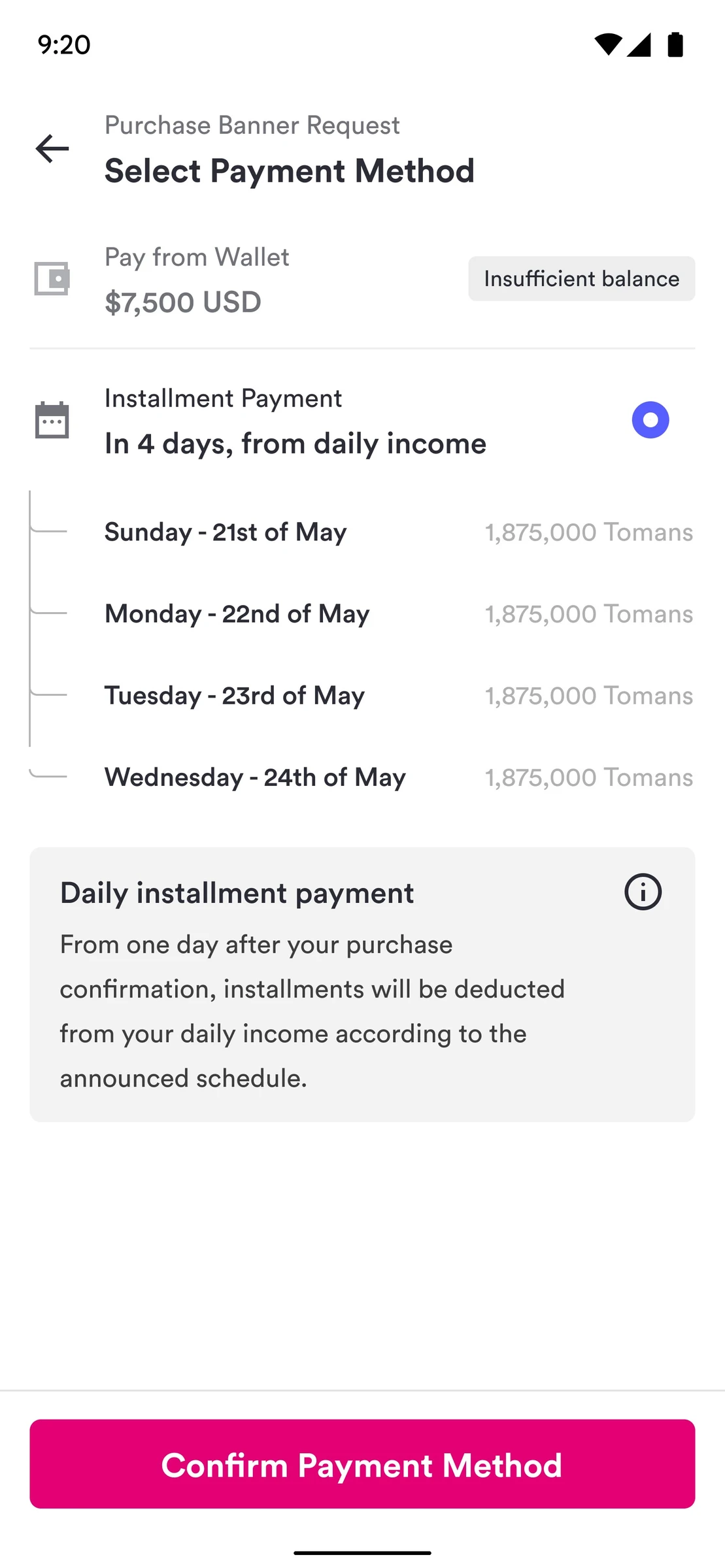 Final installment payment design in the SnappFood vendor app